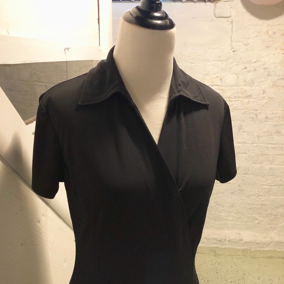 Black Faux Wrap Dress with Collar, Short Sleeve - Picture 2 of 8